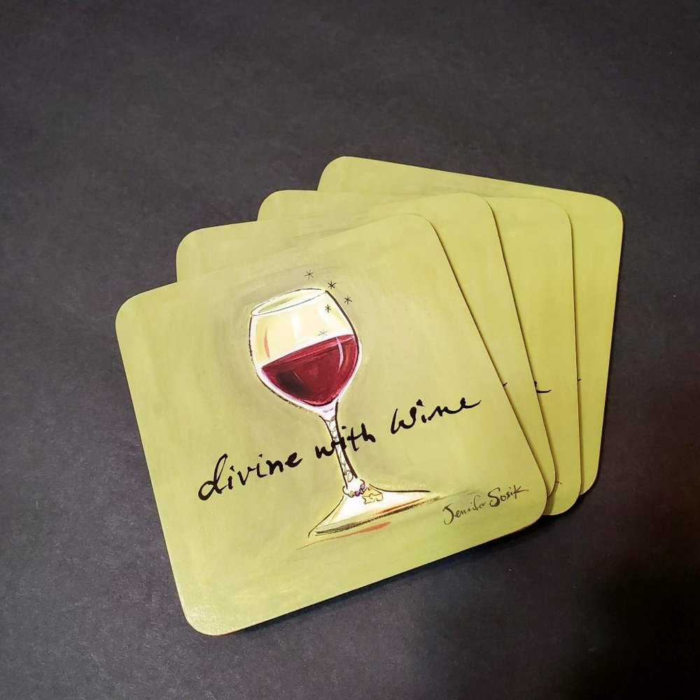 Wine Theme Coasters, Set of 4, Hardboard Cork, Divine with Wine, Jennifer Sostik
